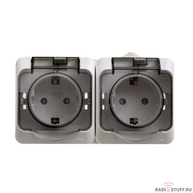 Schneider-electric PA16-244B ЭТЮД IP44 O/У двойная РОЗЕТКА с заземлением со шторками 16А 250B, БЕЛЫЙ, Россия     