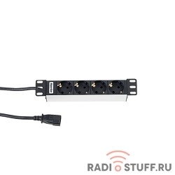 Блок розеток 10", горизонтальный, 4 розетки Schuko, 10 A, вилка C14, 236мм,Hyperline