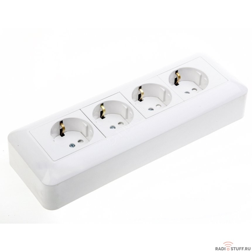 Schneider-electric RA16-411M-B ПРИМА Розетка 4 поста наружная с заземлением 250В 16А со шторками белая монтажная пластина